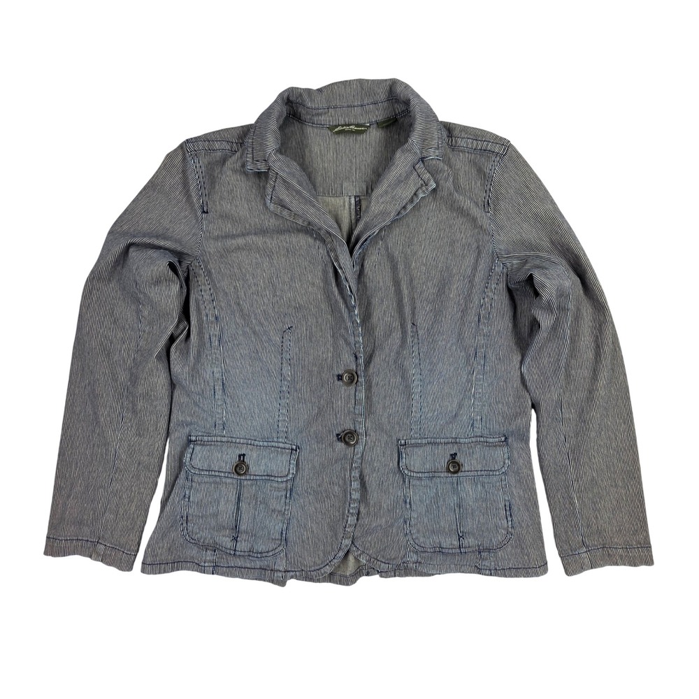 Eddie Bauer Womens XL Blue White Hickory Stripe Cotton Blend Blazer Jacket